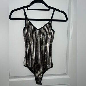 Honey Punch Black and Gold Striped Bodysuit